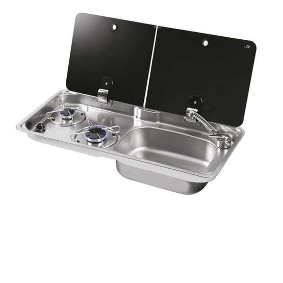 CAN Randi Hob & RH Sink Unit 765 x 355mm (Double Glass Lid / 2 Burners / Piezo)